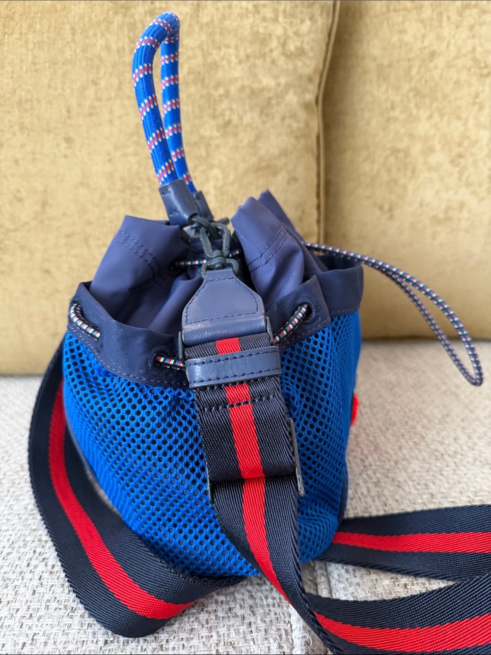 EUC Tory Sport by Tory Burch Mesh & Nylon Drawstring Bucket Bag. - Picture 3 of 7